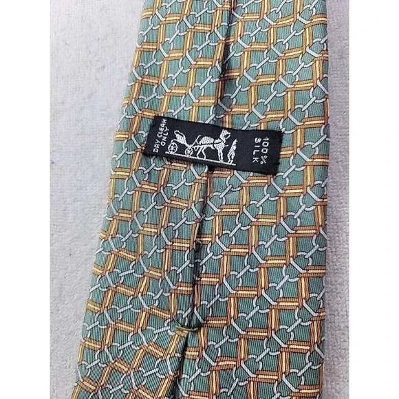 Hermes Men's OS Designer Necktie 100% Silk Green Gold Print Business Work Tie